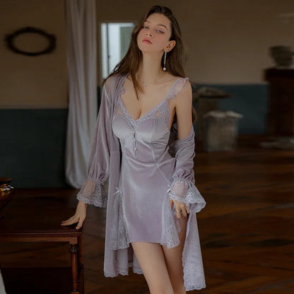 REBEYULI Sexy Sleepwear Women Deep V Solid Lace Velvet Mini Dress with Chest Pad Sweet Fly Sleeves Casual Robe Gown Set Women