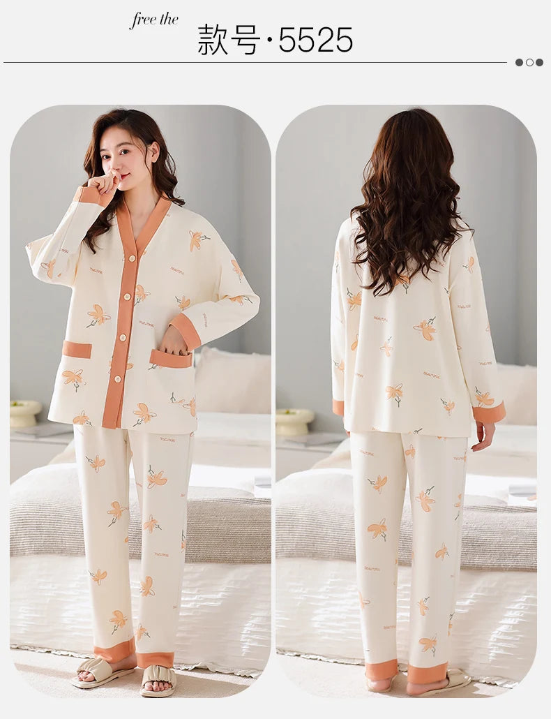 Autumn Women V-Neck Pajamas Sets Fashion Print Cotton Female Pyjamas Two Pieces Shirts + Pants Nighties Big Yards 5XL Sleepwear