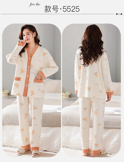 Autumn Women V-Neck Pajamas Sets Fashion Print Cotton Female Pyjamas Two Pieces Shirts + Pants Nighties Big Yards 5XL Sleepwear