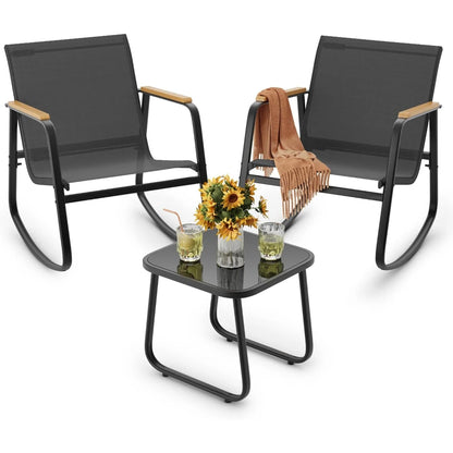 3-Piece Patio Furniture Set, Textilene Outdoor Rocking Bistro Set with Wood Armrests & Coffee Table for Lawn Porch Poolside