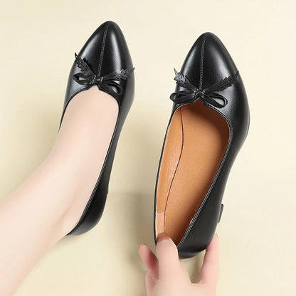 Womens Elegant Bow Decor Block Heel Pumps Smooth Faux Leather Upper Pointed Toe Design Comfort Cushioned Insole NonSlip Outsole