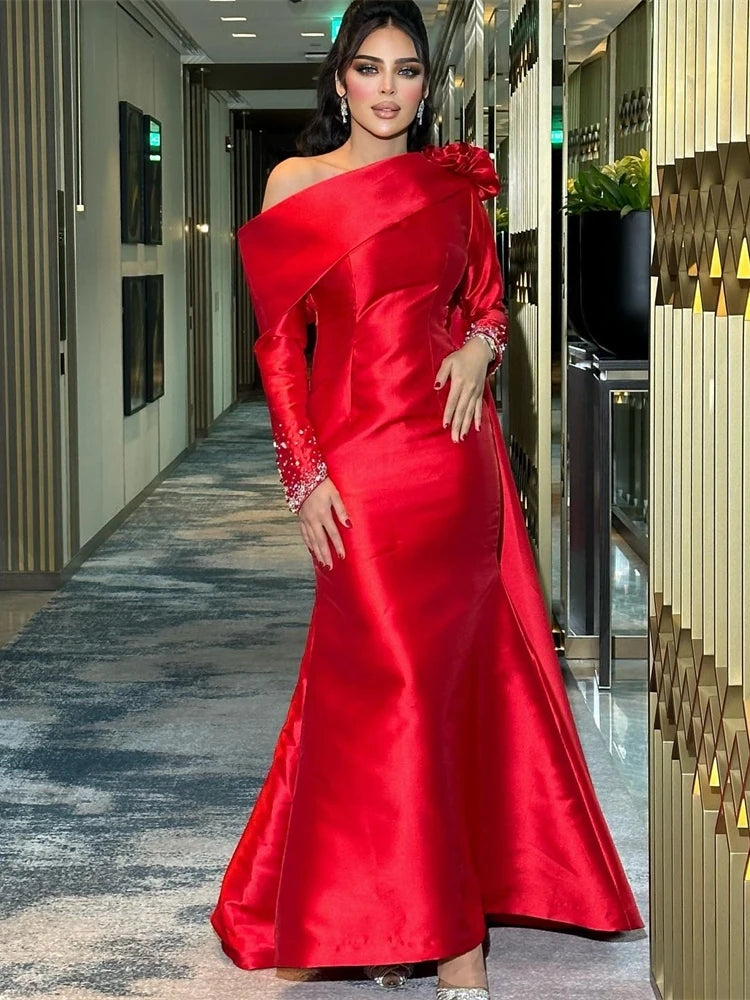 Customized Eleagnt One Shoulder Mermaid Party Dress Floor Length Long Sequin Flower Formal Evening Gowns 이브닝드레스