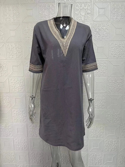 New solid color V-neck mid-sleeved elegant dress