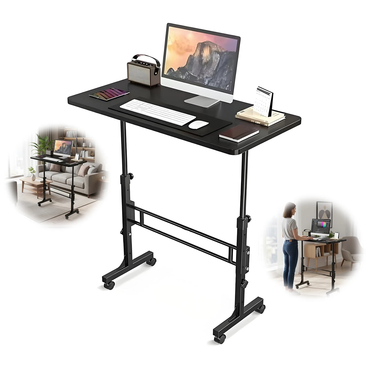 Standing Desk Adjustable Height Mobile Stand Up Desk with Wheels (Black)