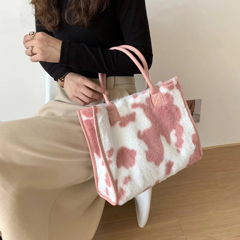 Winter Faux Fur ,Leopard Print Designer Shopper Totes, Fashion Soft Plush Women Shoulder Bags, Large Capacity Handbags and Purse