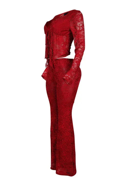 2025 Women's Set Long Sleeve Lace See Through Shirt + Long Pants Street Evening Sexy Two 2Piece Sets Outfits Tracksuit