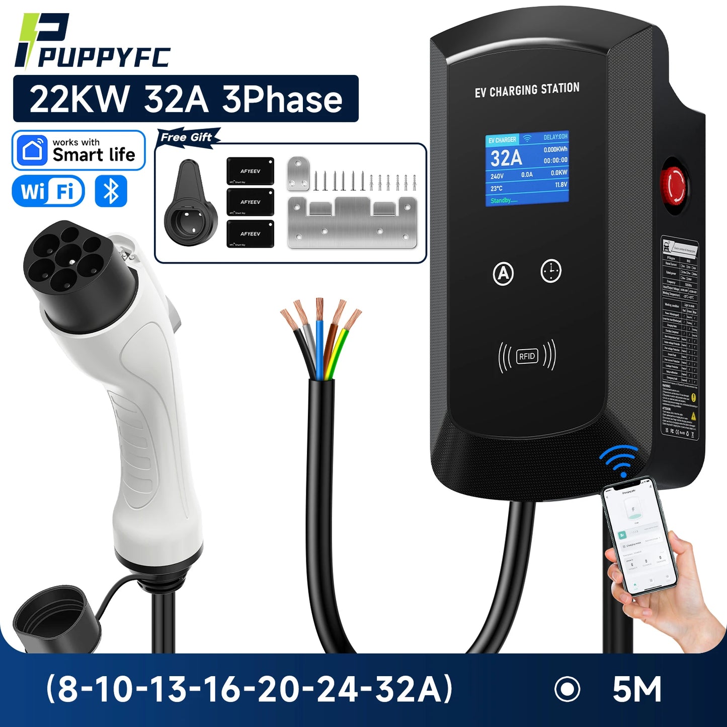 Puppyfc 7.6KW/11KW/22KW 3Phase EV Charging Station GBT 20234 Electric Car Charger EVSE Wallbox WiFi Bluetooth APP Remote Control
