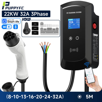 Puppyfc 7.6KW/11KW/22KW 3Phase EV Charging Station GBT 20234 Electric Car Charger EVSE Wallbox WiFi Bluetooth APP Remote Control