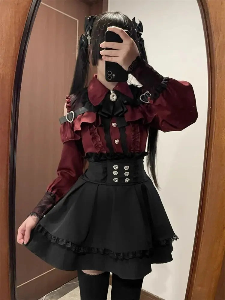 Gothic Women's Clothing Shirt Long Sleeve Lolita Blouse Japanese Bow Tie Sweet Cute Tops Design Streetwear Y2k Retro Blouse New