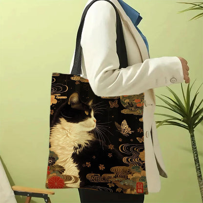 Classic Black And White Cat Tote Bag With Cat Print, Reusable Shoulder Shopping Beach Bag For Women, Durable Casual Carryall