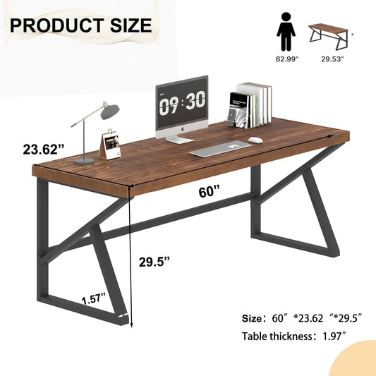 Solid Real Wood Desk, Minimalist 60” Natural Wood Computer Desk, Rustic Desk for Home Office Writing Study, Vintage, Customized