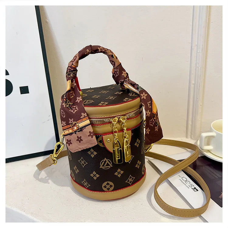 Stylish Printed Bucket Bag with Scarf Detachable Strap Shoulder Crossbody Bag for Women
