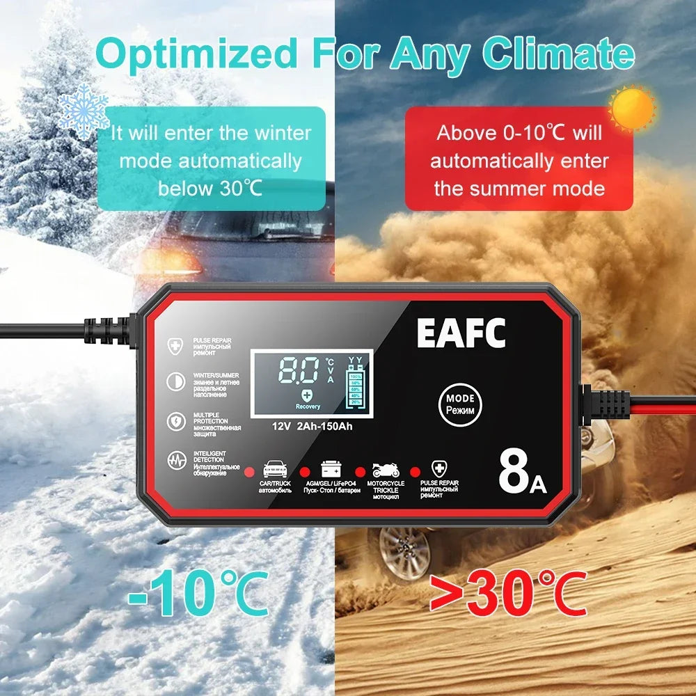 12V 8A Smart Car Battery Charger Automatic Start Fast Charger Pulse Repair Motorcycle Truck Battery Charger GEL Lead Acid