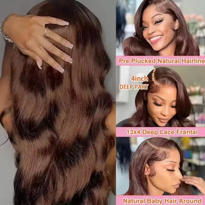 Smilegirl 250% Density Brown Body Wave Lace Frontal Wigs Human Blended Hair 13x4 HD Transparent Brown Body Wave Lace Frontal Wigs Chocolate Brown