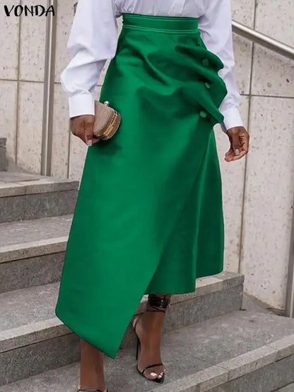 VONDA Plus Size 5XL Elegant Women Satin Skirts High Waist Button Pleated Asymmetrical Maxi Jupes Fashion Solid Long Faldas Saia