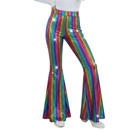 Sequin Women Flared Pants High Waist Shiny Disco Party Trousers Loose Fit Dance Club Stretchy Bell Bottom Wide Leg Trousers New
