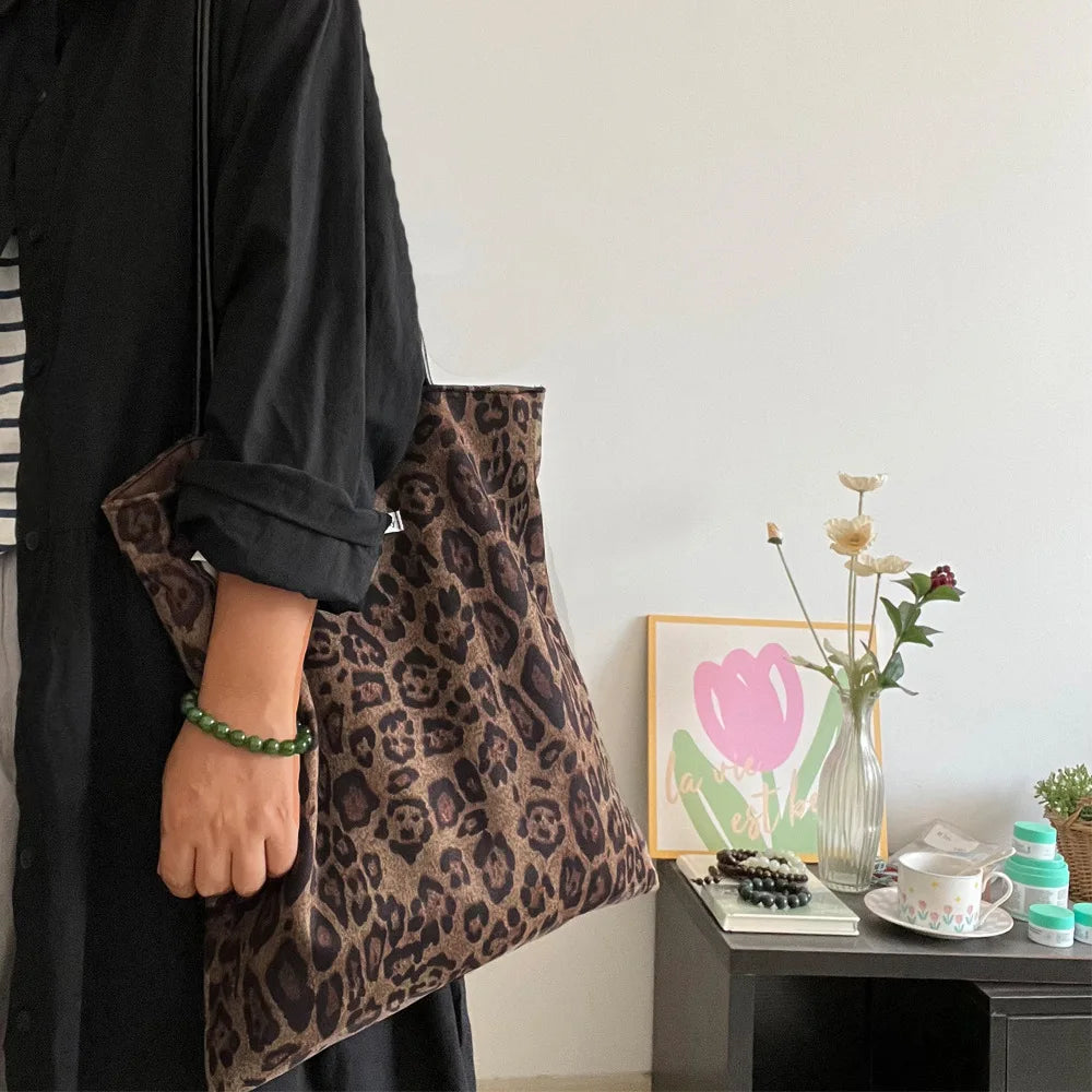 Vintage Faux Suede Women's Leopard Shoulder Bags PU Strap Double Side Female Purse Handbags Fall Winte Canvas Tote Underarm Bag