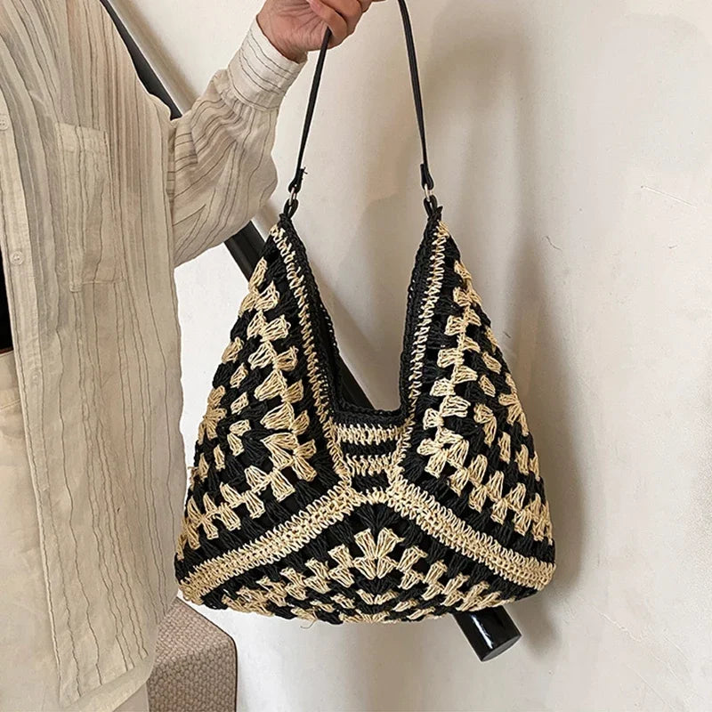 Ladies Knitted Straw Handbag Hollow out Hand Woven Beach Shoulder Bag for Women Seaside Tote Perfect for Vacations