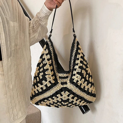 Ladies Knitted Straw Handbag Hollow out Hand Woven Beach Shoulder Bag for Women Seaside Tote Perfect for Vacations
