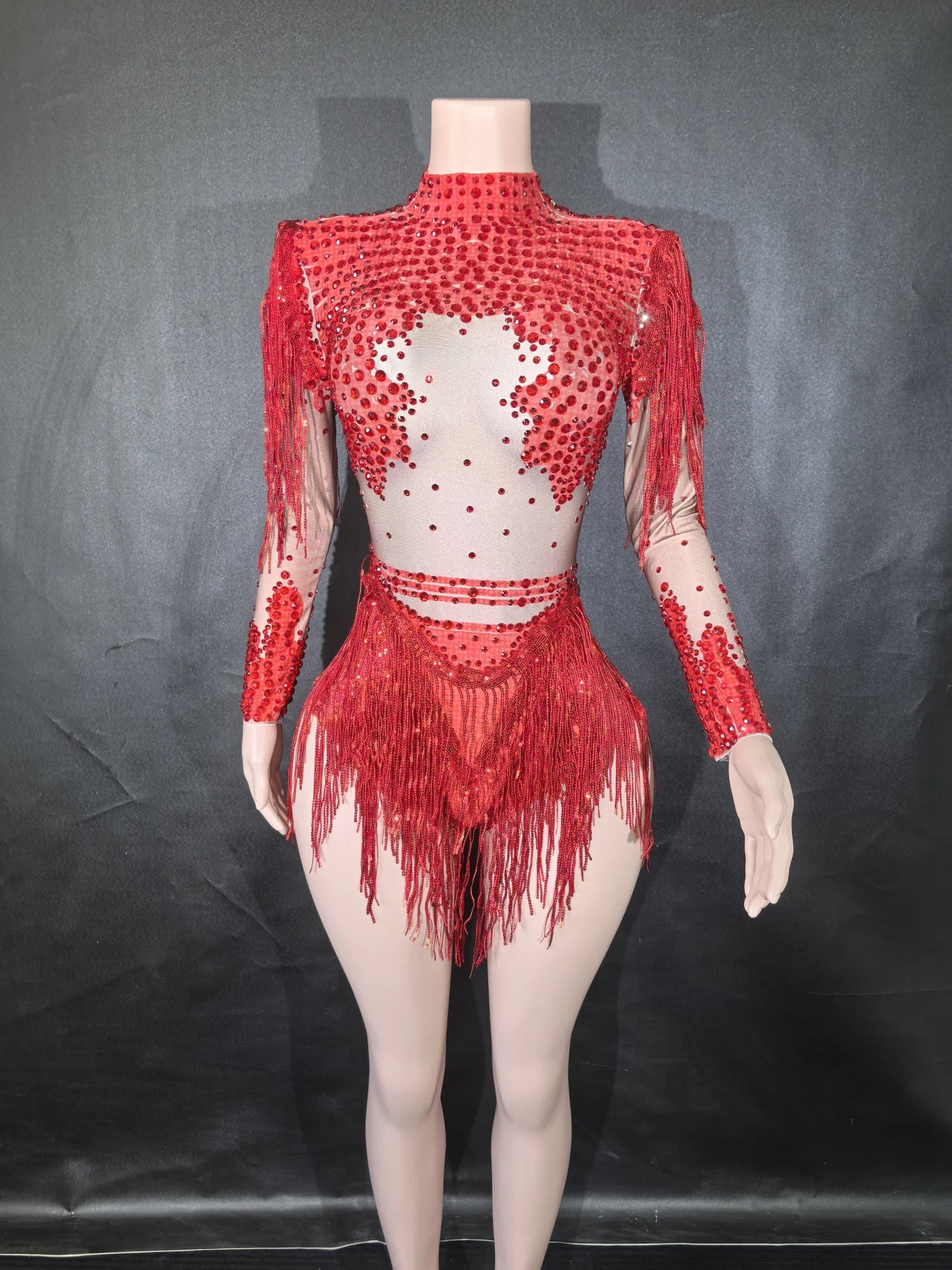 Rhinestones Women DanceCostume Fringes One Shoulder Bodysuit  Sexy Skinny Leotard Singer Dancer Show StageWear Sparkly Blue