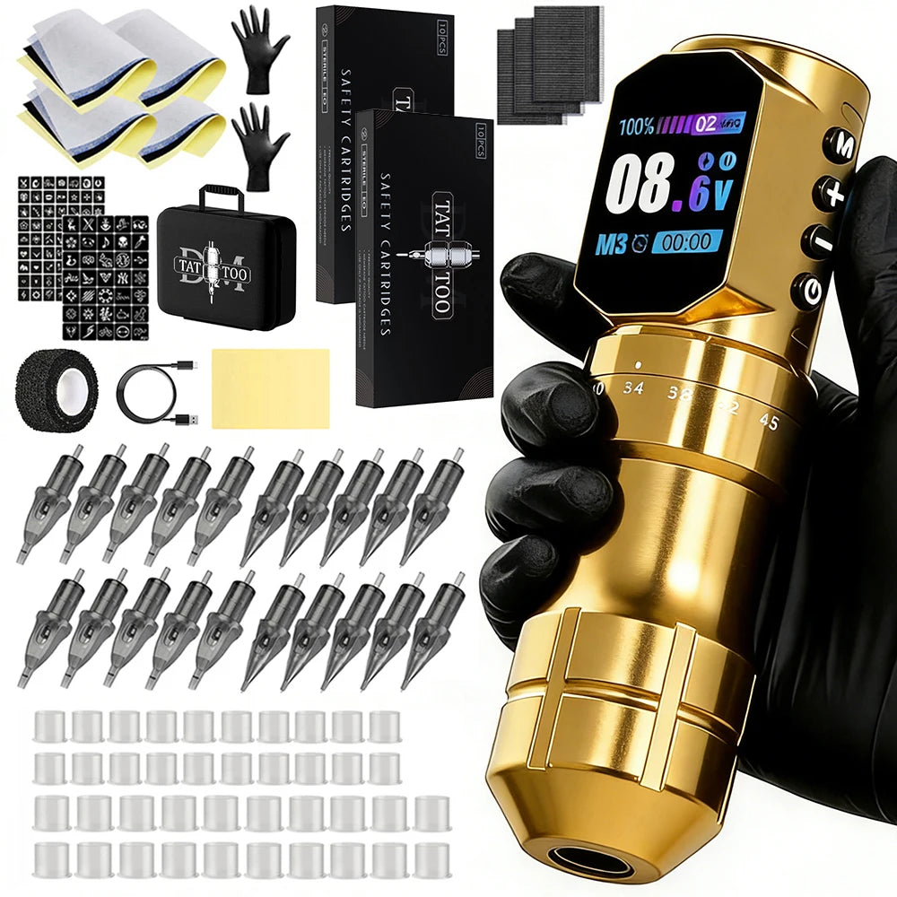 Tattoo Machine Kit Professional Adjustable Stroke Wireless Coreless Brushless Motor Tattoo Pen With Tattoo Ink Tattoo Blue Soap