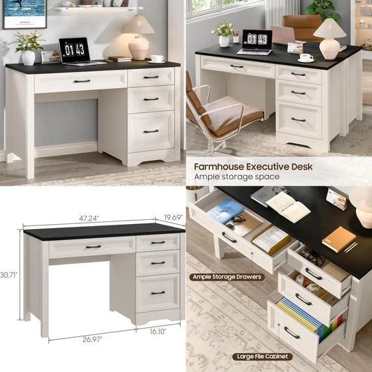 Rustic Executive Home Office Desk with Storage and Spacious File Drawer, Large Writing Desk for Bedroom in Black