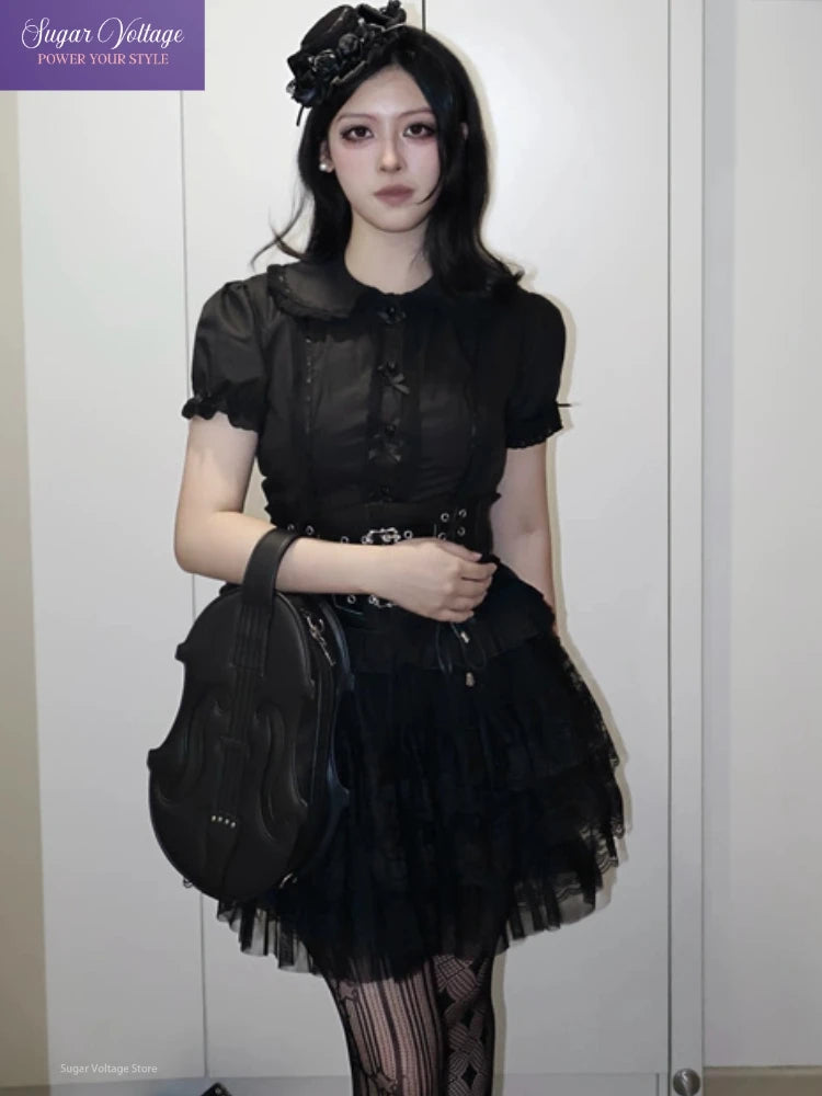 Summer Japanese Lolita Sweet Girls Short-sleeved Tops Women Goth Lace Bow Shirt Single-breasted Blouse Doll Collar Slim Tees New