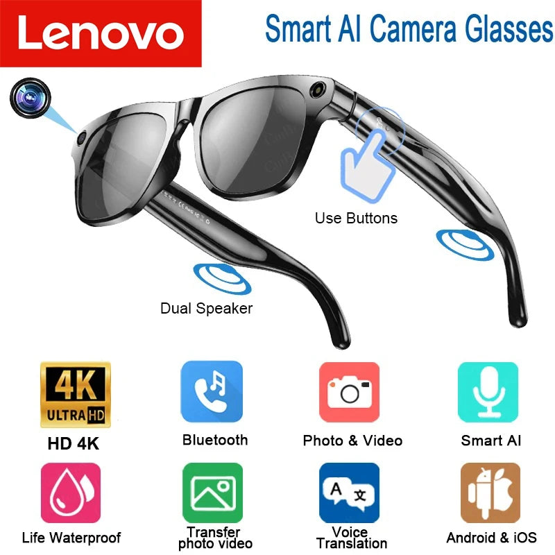 Lenovo 4k Hd Ai Smart Glasses Camera Wearable Mini Camera Bluetooth Call Voice Assistant Control Smart Sports Camera Glasses