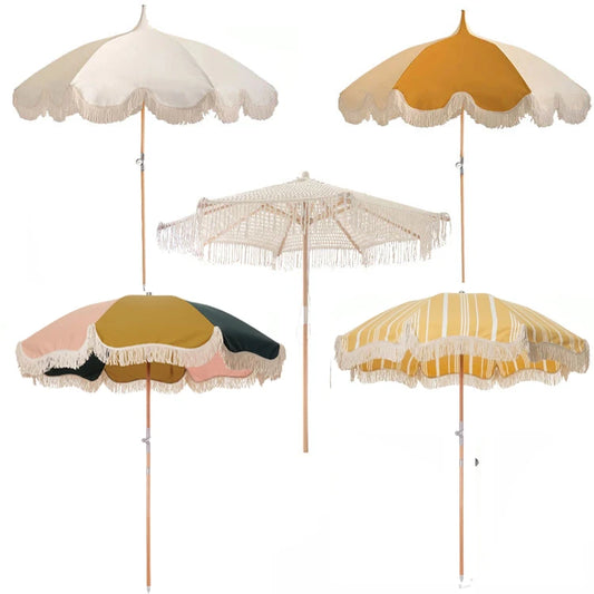 Vintage Outdoor Market Beach Parasol Pagoda Style Cotton Fringes Foldable Waterproof for Australia USA Hotels Backyard Patio
