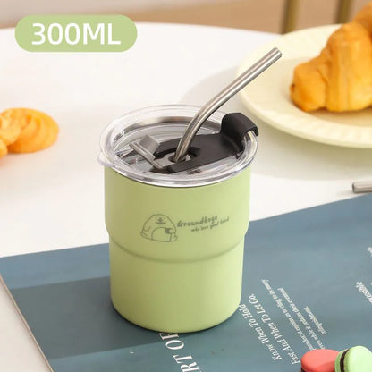 300ml Drinking Cup With Straw Portable Stainless Steel Coffee Cups Mug With Lid Heat Resistant Tea Cup Tumbler Travel Mug