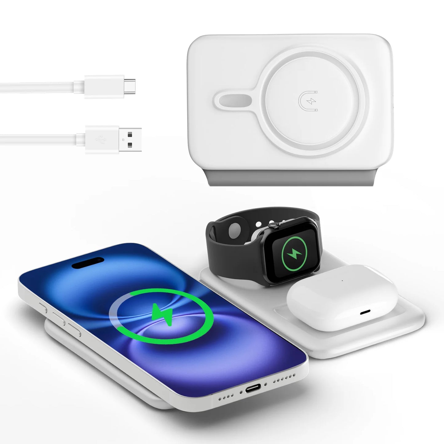 15W Magnetic 3 in 1 Wireless Charger Station Foldable Fast Charging  Type-C For iPhone 17 16 15 14 Xiaomi SAMSUNG iWatch AirPods