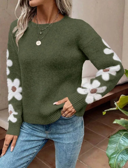 Ladies Clothes Sueter Flower Print Loose Round Neck Long Sleeve Autumn Winter Versatile Pullover Sweater Autumn Clothing Womens
