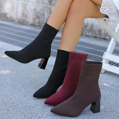 Women Fashion Ankle Boots Autumn Pointy Solid Color Stretch Knitted Sock Boots Women Chunky Slip on Plus-size Shoes for Women
