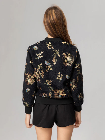 Luxury Beaded Black Jacquard Bomber Jacket Women Vintage Stand Collar Baseball Coat Elegant Embroidered Rhinestone Outerwear