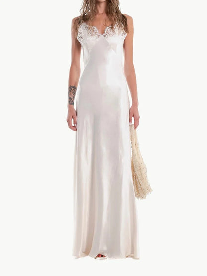 Lace Patchwork Sling Women's Dress Sexy Solid V-neck Sleeveless Backless Stain Female Maxi Dress 2026 Elegant Summer Party Gowns