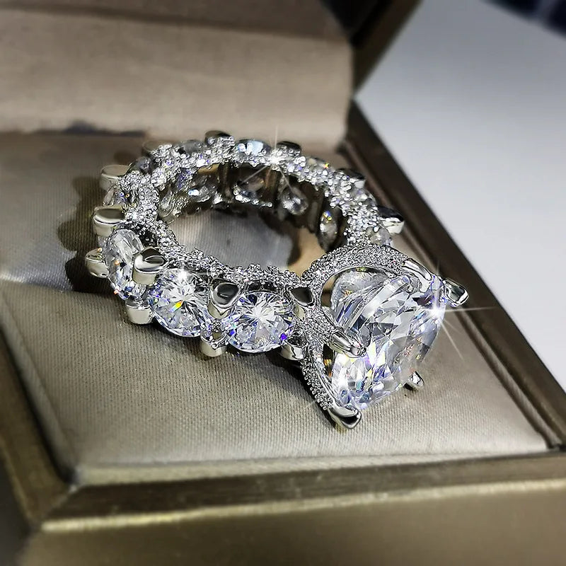 925 Stamp Ring White Zircon For Propose Wedding Engagement Ring Princess Inlaid Big Diamond Rings For Gift Girl Friend