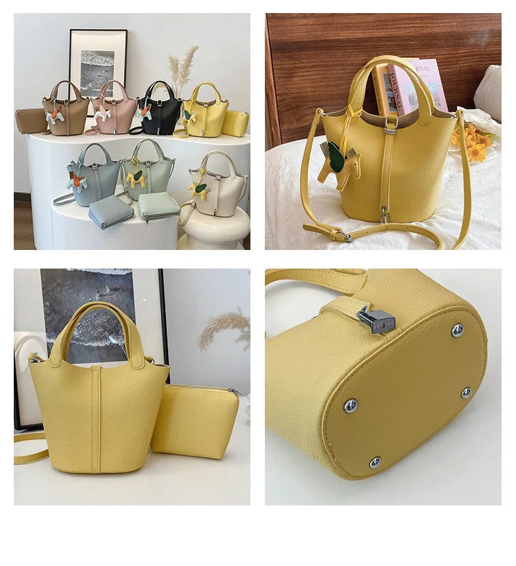 Popular and popular lychee patterned mother and child bucket bag for women, 2025 new casual retro handbag, casual commuting bag