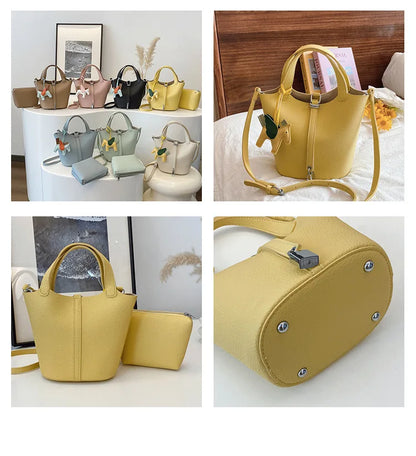 Popular and popular lychee patterned mother and child bucket bag for women, 2025 new casual retro handbag, casual commuting bag