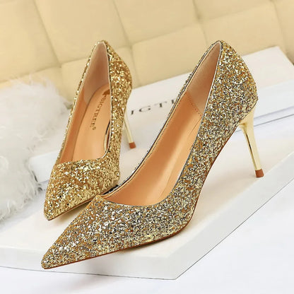 Women Luxury Bling Red  Blue Valentine Party Scarpins Pumps Lady Glitter Sequins 7cm 9.5cm High Heels Designer Shoes Plus Size