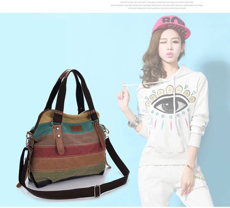 Canvas Totes Striped Womens Handbag 2021 Patchwork Rainbow Shoulder Bag Fashion Female Casual Crossbody Bag Sac A Main