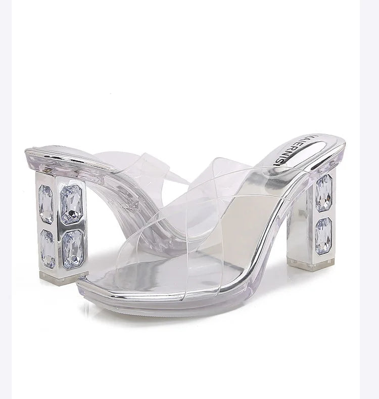 2025 Red High Heels 8cm Women Shoes Rhinestone Thick Heels Square Toe Ladies Pumps Cross Tie Straps Slippers Sandals Party Shoes
