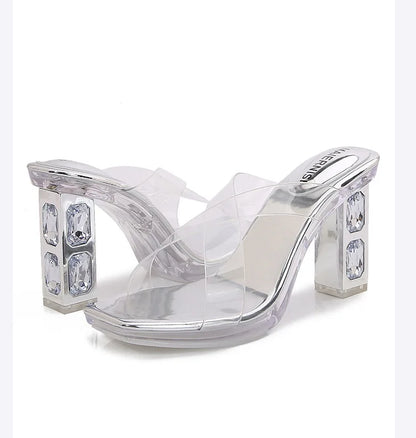 2025 Red High Heels 8cm Women Shoes Rhinestone Thick Heels Square Toe Ladies Pumps Cross Tie Straps Slippers Sandals Party Shoes