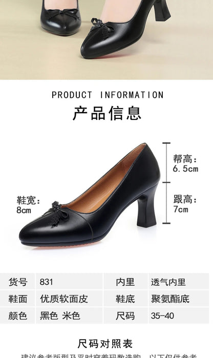 Womens Elegant Bow Decor Block Heel Pumps Smooth Faux Leather Upper Pointed Toe Design Comfort Cushioned Insole NonSlip Outsole