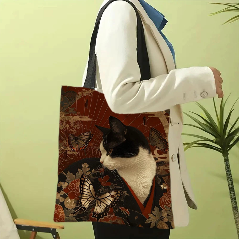 Classic Black And White Cat Tote Bag With Cat Print, Reusable Shoulder Shopping Beach Bag For Women, Durable Casual Carryall