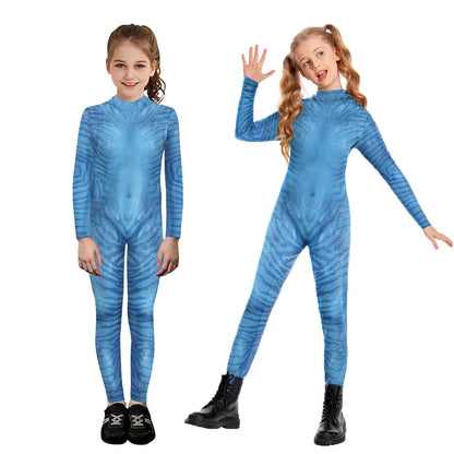 Boy Girl Avatar Jumpsuits Halloween Cosplay Costume Carnival Stage Performance Movie Kids Avatar with Tail Zentai Bodysuits