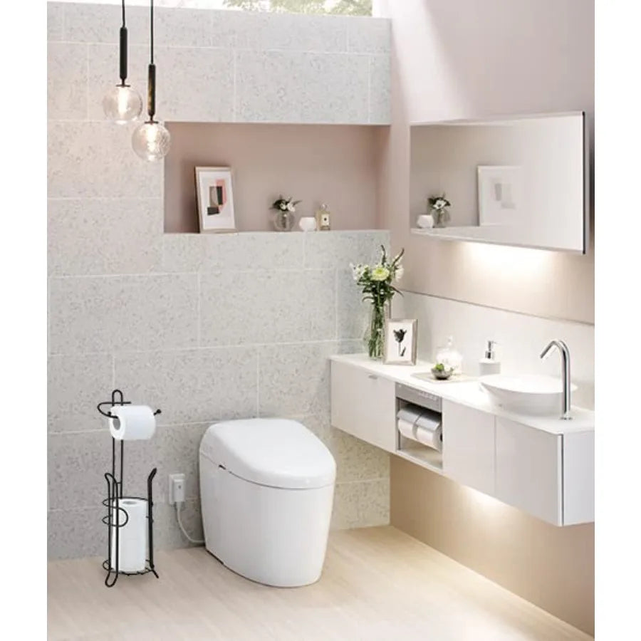 Freestanding Toilet Paper Holder with Storage Holds 3 Spare Rolls Heavy-Duty Steel Black Finish Easy Assembly Space-Saving Bath