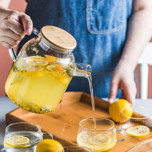 1/1.8L Transparent Glass Teapot with Bamboo Lid Heat-Resistant Glass Pitcher Thickened Glass Flower Tea pot Puer Kettle Office