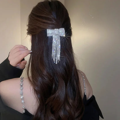 Rhinestone Bow Fringe Hairpin for Women Fashion Temperament Hair Clip Korean Light Luxury Hair Accessories Gold Silver Color