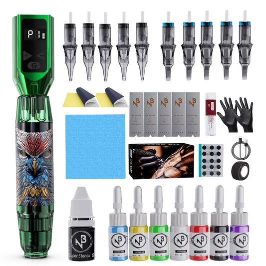 Wireless Tattoo Pen Kit, Wireless Tattoo Machine, Includes 10 Tattoo Needles and 2 Disposable Cap Tattoo Ink Cups, Tattoo Pen Machine Pen Holder, Transfer Paper and Other Tattoo Supplies, Suitable for Tattoo Beginners