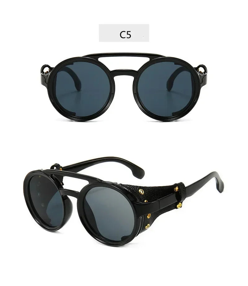 Steampunk Shields Sunglasses Men Women Classic SunGlasses With Side Leather Round Eyewear Pink UV400 Lens